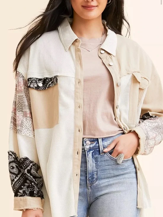 POL Patchwork Down Shirt Jacket - Beige, Cream, Black - Picture 4 of 6